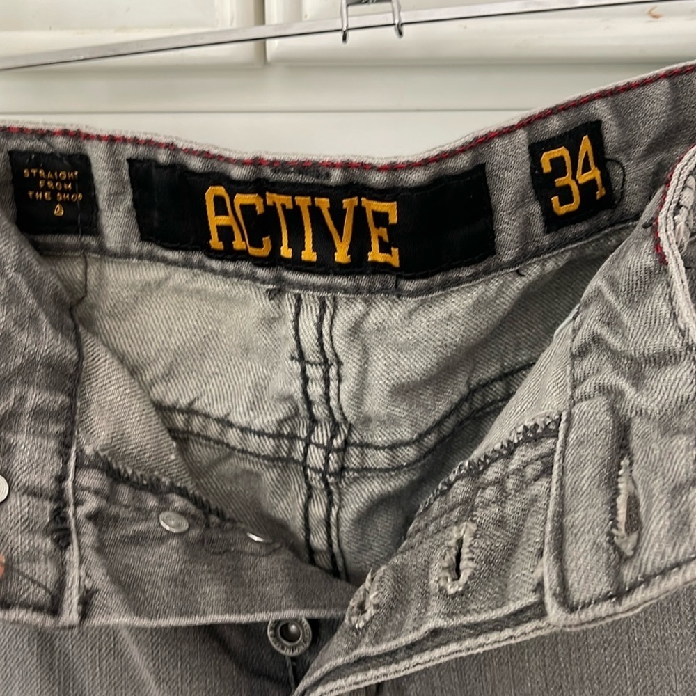 Active Ride Shop men’s gray grey tapered leg button fly denim jeans size 34 x 32